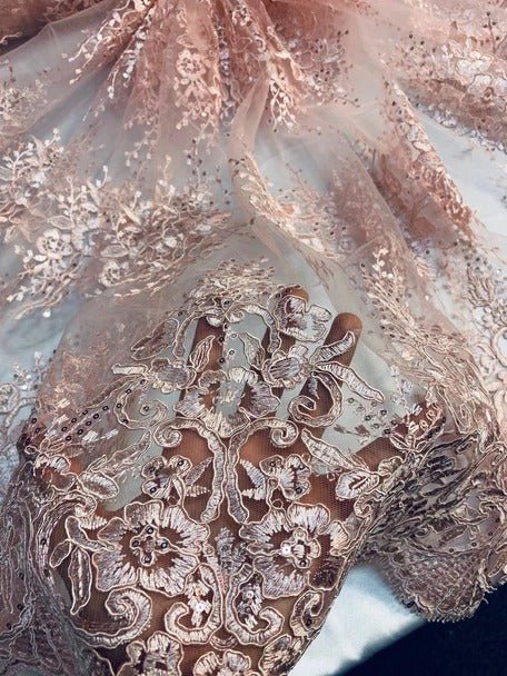 Hand Beaded Lace Fabric - Embroidery Floral Lace With Sequins And FlowersICE FABRICSICE FABRICSDusty RoseHand Beaded Lace Fabric - Embroidery Floral Lace With Sequins And Flowers ICE FABRICS Pink/Blush