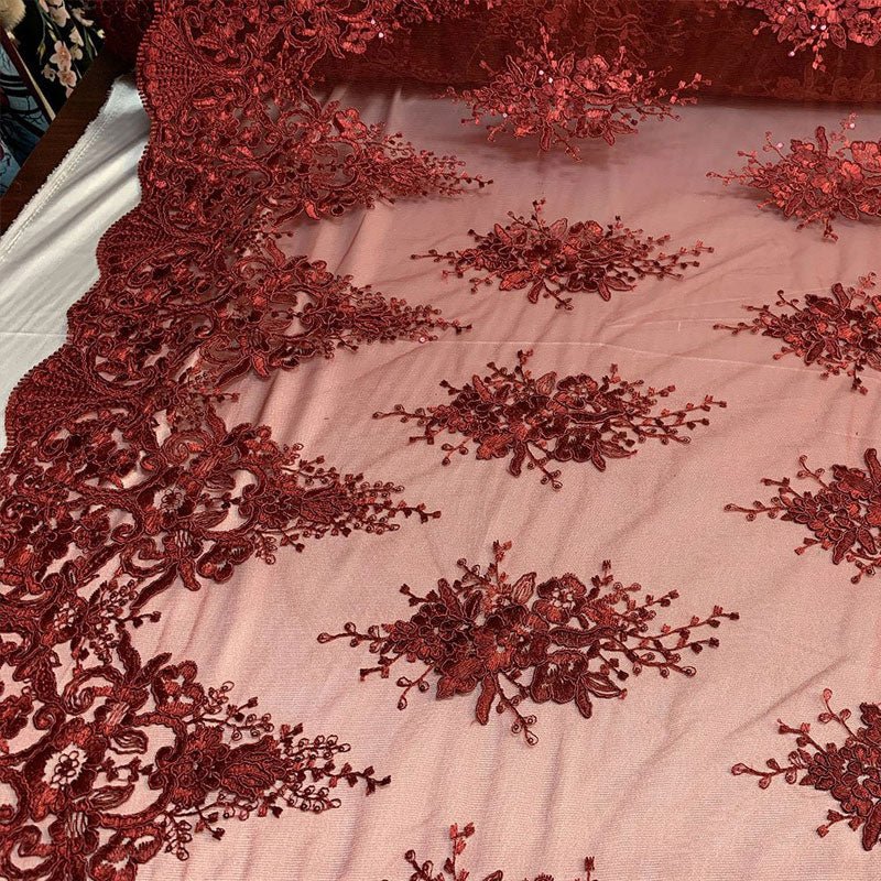 Hand Made Mesh Floral Lace Embroidery Fabric By The YardICEFABRICICE FABRICSBurgundyHand Made Mesh Floral Lace Embroidery Fabric By The Yard ICEFABRIC Burgundy