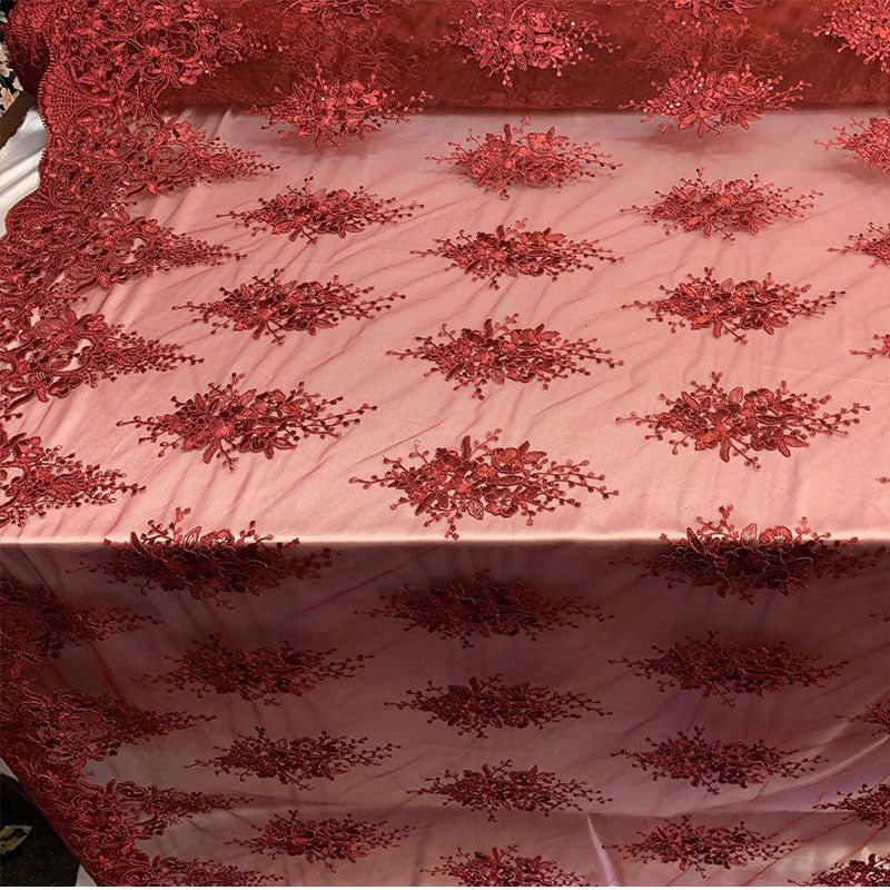 Hand Made Mesh Floral Lace Embroidery Fabric By The YardICEFABRICICE FABRICSBurgundyHand Made Mesh Floral Lace Embroidery Fabric By The Yard ICEFABRIC Burgundy