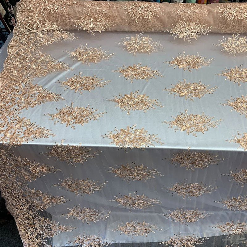 Hand Made Mesh Floral Lace Embroidery Fabric By The YardICEFABRICICE FABRICSRoyal BlueHand Made Mesh Floral Lace Embroidery Fabric By The Yard ICEFABRIC Peach/Blush