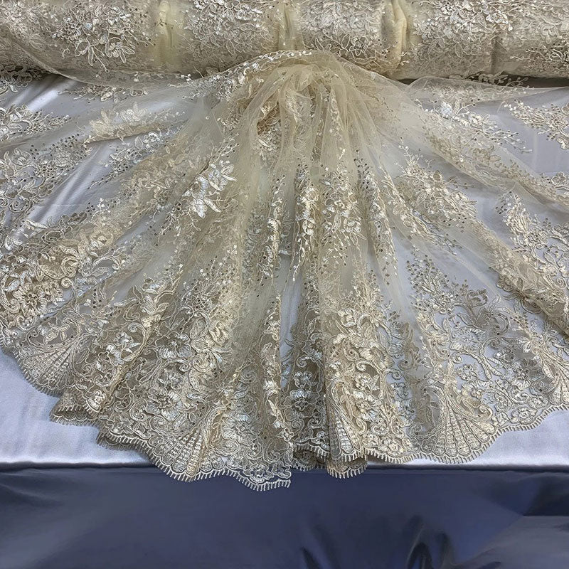 Hand Made Mesh Floral Lace Embroidery Fabric By The YardICEFABRICICE FABRICSIvoryHand Made Mesh Floral Lace Embroidery Fabric By The Yard ICEFABRIC Ivory
