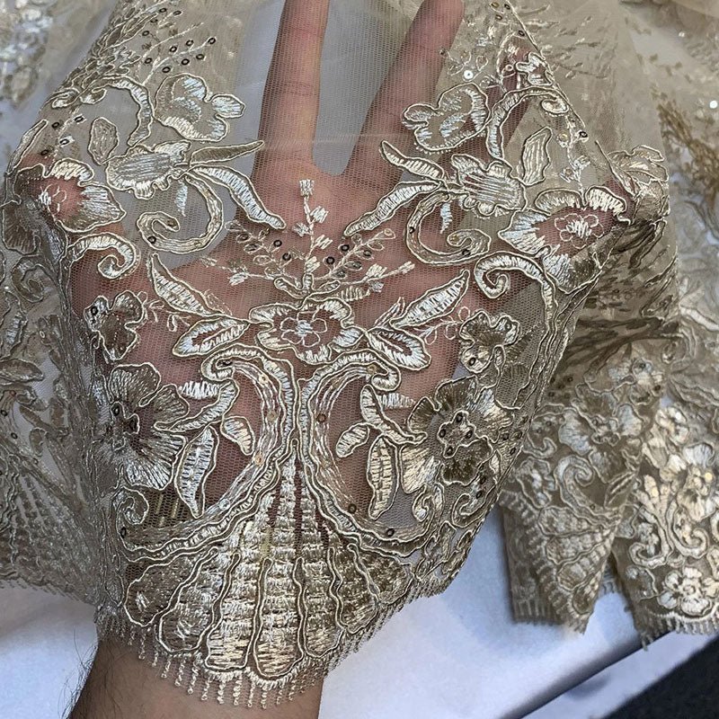 Hand Made Mesh Floral Lace Embroidery Fabric By The YardICEFABRICICE FABRICSChampagneHand Made Mesh Floral Lace Embroidery Fabric By The Yard ICEFABRIC Champagne