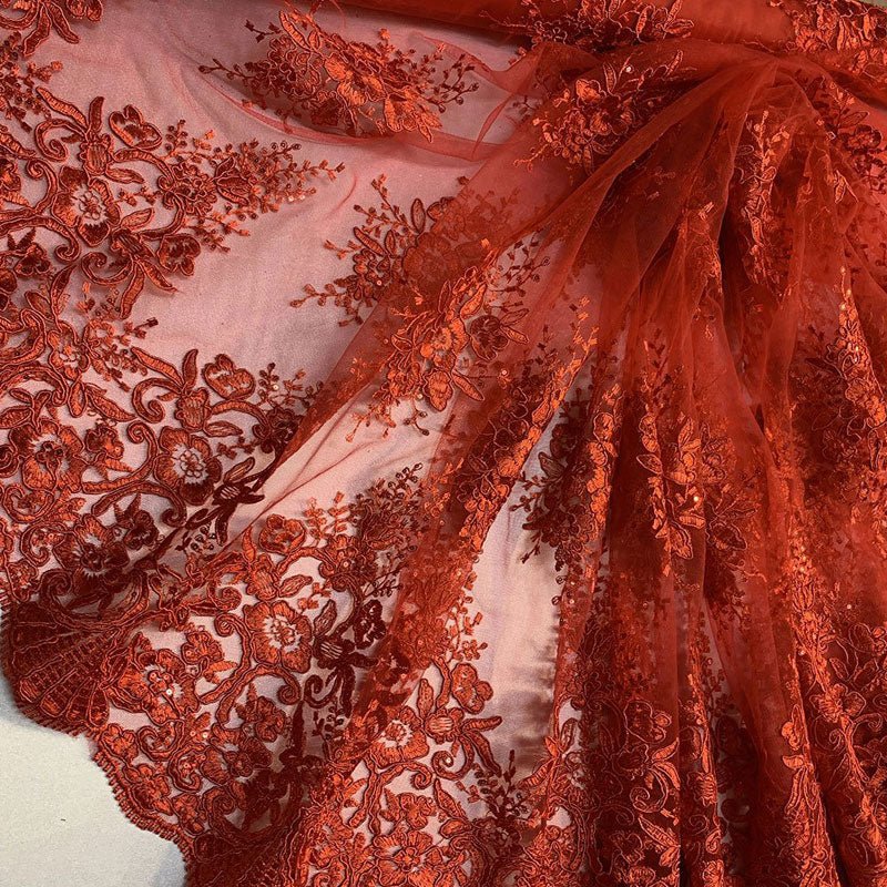 Hand Made Mesh Floral Lace Embroidery Fabric By The YardICEFABRICICE FABRICSRedHand Made Mesh Floral Lace Embroidery Fabric By The Yard ICEFABRIC Red