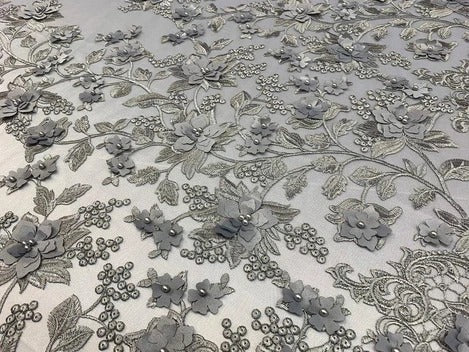 Handmade 3D Flowers Embroidered Beads And Pearls Beaded Mesh Lace FabricICE FABRICSICE FABRICSYellowHandmade 3D Flowers Embroidered Beads And Pearls Beaded Mesh Lace Fabric ICE FABRICS Gray