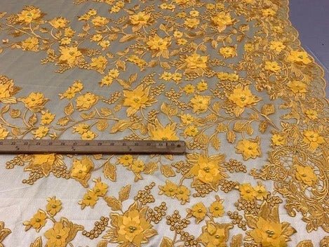 Handmade 3D Flowers Embroidered Beads And Pearls Beaded Mesh Lace FabricICE FABRICSICE FABRICSYellowHandmade 3D Flowers Embroidered Beads And Pearls Beaded Mesh Lace Fabric ICE FABRICS Yellow