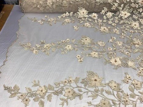 Handmade 3D Flowers Embroidered Beads And Pearls Beaded Mesh Lace FabricICE FABRICSICE FABRICSChampagne/CreamHandmade 3D Flowers Embroidered Beads And Pearls Beaded Mesh Lace Fabric ICE FABRICS Champagne/Cream