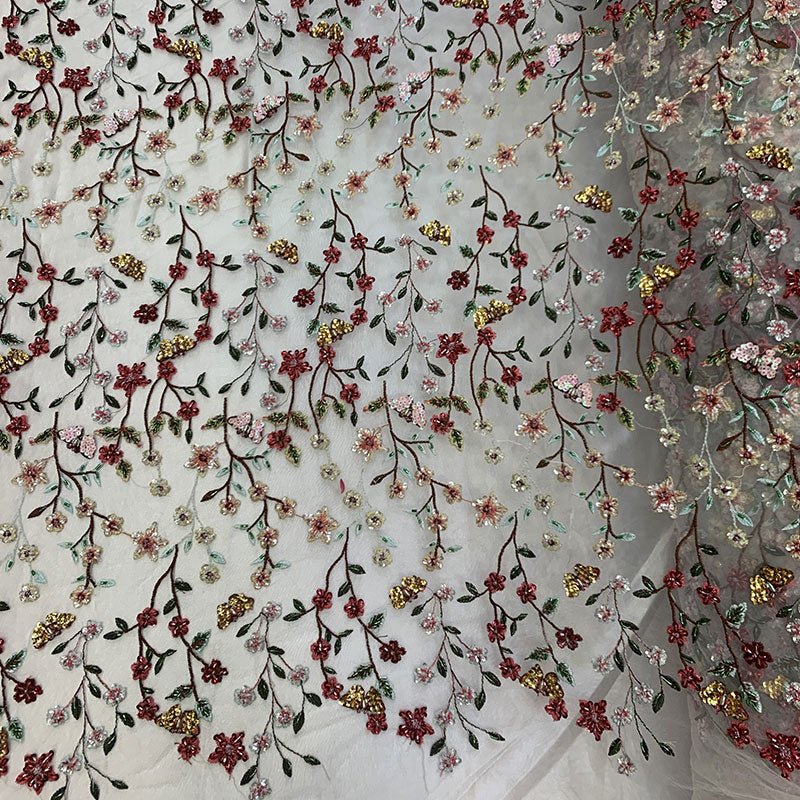 Handmade Floral Beaded Red Flowers On A Nude Mesh Lace FabricICEFABRICICE FABRICSHandmade Floral Beaded Red Flowers On A Nude Mesh Lace Fabric ICEFABRIC