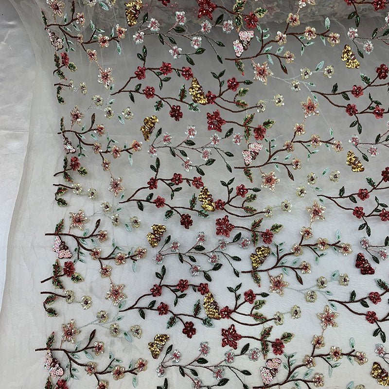 Handmade Floral Beaded Red Flowers On A Nude Mesh Lace FabricICEFABRICICE FABRICSHandmade Floral Beaded Red Flowers On A Nude Mesh Lace Fabric ICEFABRIC