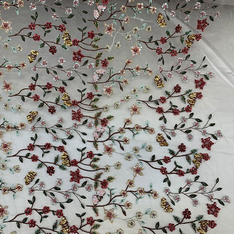 Handmade Floral Beaded Red Flowers On A Nude Mesh Lace FabricICEFABRICICE FABRICSHandmade Floral Beaded Red Flowers On A Nude Mesh Lace Fabric ICEFABRIC