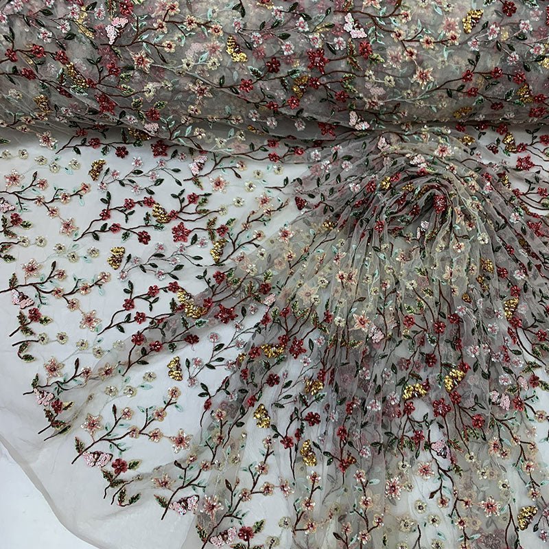 Handmade Floral Beaded Red Flowers On A Nude Mesh Lace FabricICEFABRICICE FABRICSHandmade Floral Beaded Red Flowers On A Nude Mesh Lace Fabric ICEFABRIC