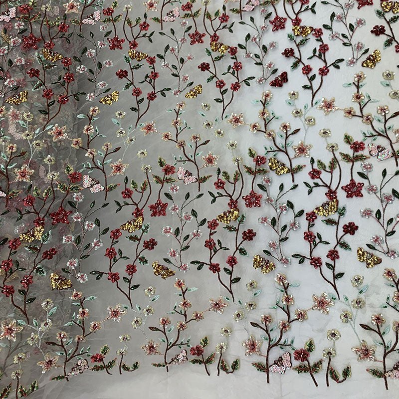Handmade Floral Beaded Red Flowers On A Nude Mesh Lace FabricICEFABRICICE FABRICSHandmade Floral Beaded Red Flowers On A Nude Mesh Lace Fabric ICEFABRIC