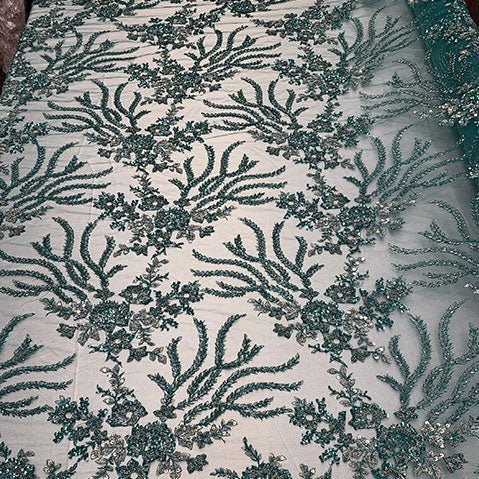 Handmade Floral Luxury Flowers Sequins Beaded Mesh LaceICE FABRICSICE FABRICSBurgundyHandmade Floral Luxury Flowers Sequins Beaded Mesh Lace ICE FABRICS JADE/Turquoise