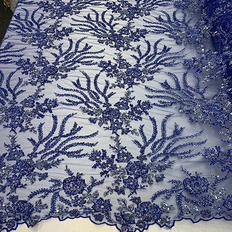 Handmade Floral Luxury Flowers Sequins Beaded Mesh LaceICE FABRICSICE FABRICSRoyal BlueHandmade Floral Luxury Flowers Sequins Beaded Mesh Lace ICE FABRICS Royal Blue