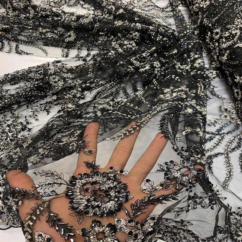 Handmade Floral Luxury Flowers Sequins Beaded Mesh LaceICE FABRICSICE FABRICSTaupe/BrownHandmade Floral Luxury Flowers Sequins Beaded Mesh Lace ICE FABRICS Black/Navy Blue