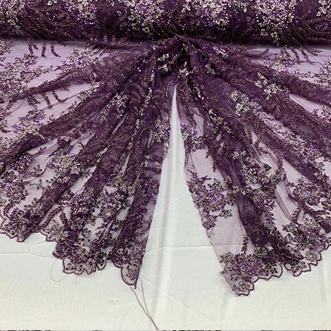 Handmade Floral Luxury Flowers Sequins Beaded Mesh LaceICE FABRICSICE FABRICSRed/GreenHandmade Floral Luxury Flowers Sequins Beaded Mesh Lace ICE FABRICS Plum/Purple