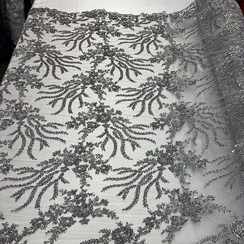 Handmade Floral Luxury Flowers Sequins Beaded Mesh LaceICE FABRICSICE FABRICSSilver/GrayHandmade Floral Luxury Flowers Sequins Beaded Mesh Lace ICE FABRICS Silver/Gray