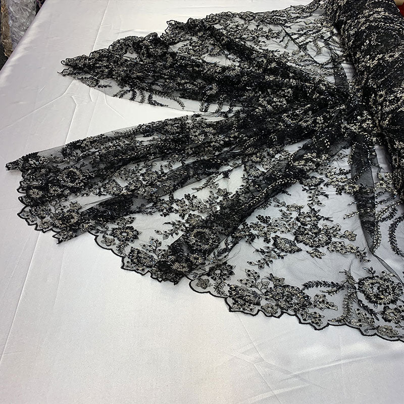 Handmade Floral Luxury Flowers Sequins Beaded Mesh LaceICE FABRICSICE FABRICSTaupe/BrownHandmade Floral Luxury Flowers Sequins Beaded Mesh Lace ICE FABRICS Black/Navy Blue