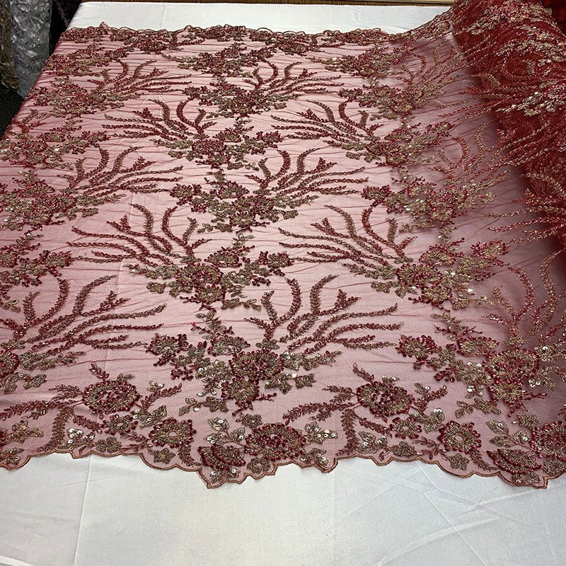 Handmade Floral Luxury Flowers Sequins Beaded Mesh LaceICE FABRICSICE FABRICSBurgundyHandmade Floral Luxury Flowers Sequins Beaded Mesh Lace ICE FABRICS Burgundy