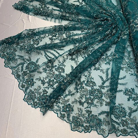 Handmade Floral Luxury Flowers Sequins Beaded Mesh LaceICE FABRICSICE FABRICSBurgundyHandmade Floral Luxury Flowers Sequins Beaded Mesh Lace ICE FABRICS JADE/Turquoise