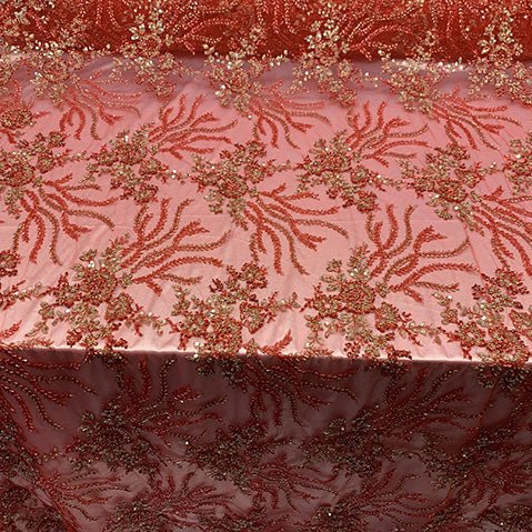 Handmade Floral Luxury Flowers Sequins Beaded Mesh LaceICE FABRICSICE FABRICSRed/GreenHandmade Floral Luxury Flowers Sequins Beaded Mesh Lace ICE FABRICS Red/Green