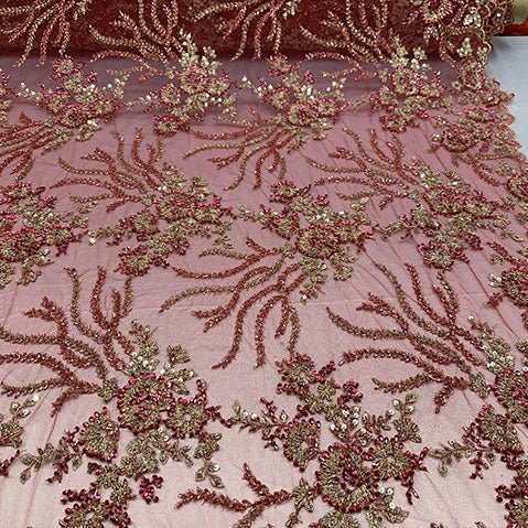 Handmade Floral Luxury Flowers Sequins Beaded Mesh LaceICE FABRICSICE FABRICSBurgundyHandmade Floral Luxury Flowers Sequins Beaded Mesh Lace ICE FABRICS Burgundy