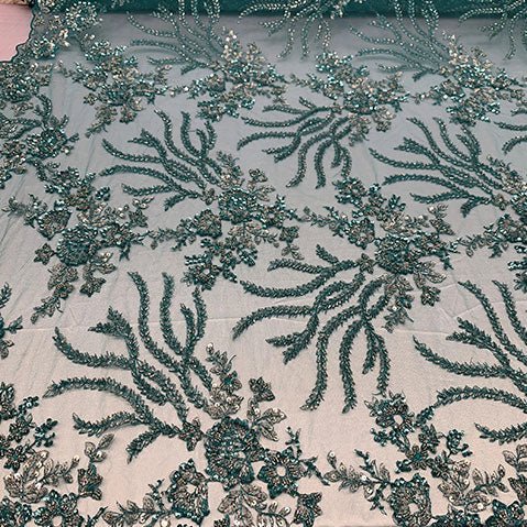 Handmade Floral Luxury Flowers Sequins Beaded Mesh LaceICE FABRICSICE FABRICSBurgundyHandmade Floral Luxury Flowers Sequins Beaded Mesh Lace ICE FABRICS JADE/Turquoise