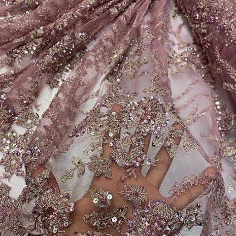 Handmade Floral Luxury Flowers Sequins Beaded Mesh LaceICE FABRICSICE FABRICSBurgundyHandmade Floral Luxury Flowers Sequins Beaded Mesh Lace ICE FABRICS Dusty Rose