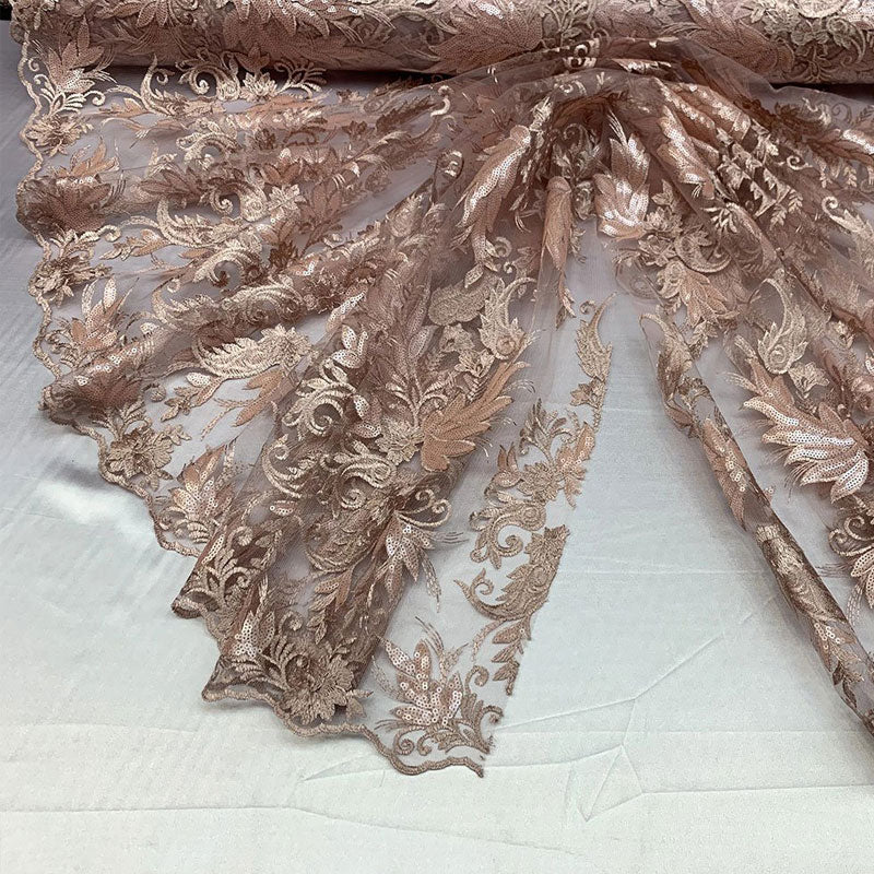 Handmade Floral Mesh Lace Embroidered Fabric By The YardICEFABRICICE FABRICSPeach/ChampagneHandmade Floral Mesh Lace Embroidered Fabric By The Yard ICEFABRIC Peach/Champagne