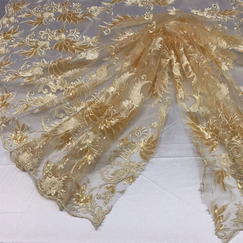 Handmade Floral Mesh Lace Embroidered Fabric By The YardICEFABRICICE FABRICSGoldHandmade Floral Mesh Lace Embroidered Fabric By The Yard ICEFABRIC Gold