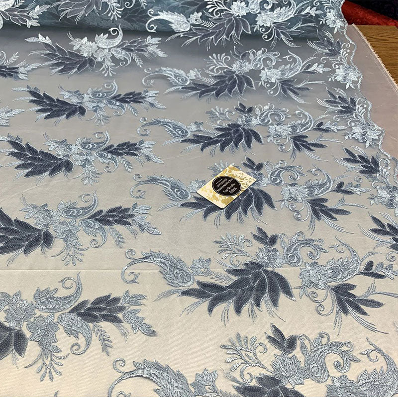 Handmade Floral Mesh Lace Embroidered Fabric By The YardICEFABRICICE FABRICSBlueHandmade Floral Mesh Lace Embroidered Fabric By The Yard ICEFABRIC Blue