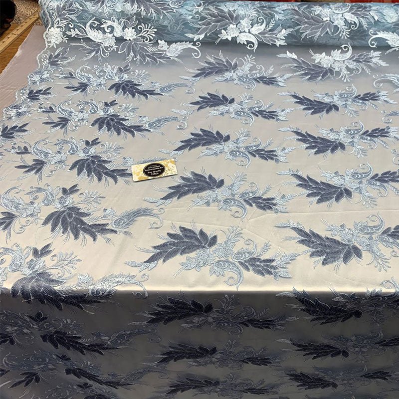 Handmade Floral Mesh Lace Embroidered Fabric By The YardICEFABRICICE FABRICSBlueHandmade Floral Mesh Lace Embroidered Fabric By The Yard ICEFABRIC Blue