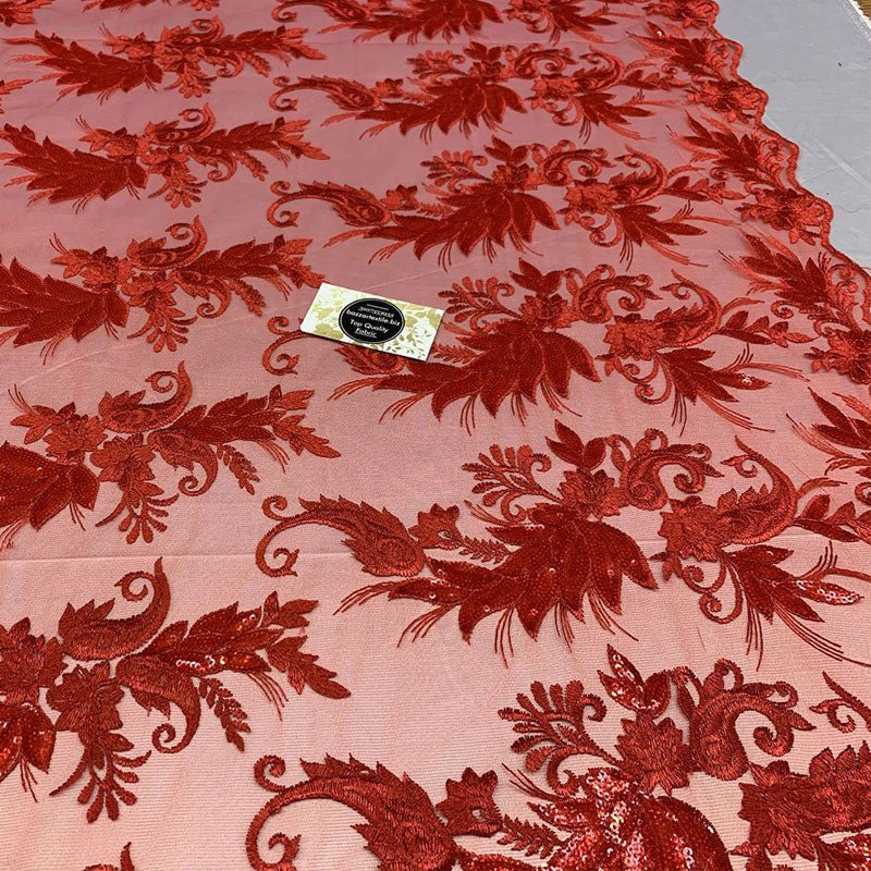 Handmade Floral Mesh Lace Embroidered Fabric By The YardICEFABRICICE FABRICSRedHandmade Floral Mesh Lace Embroidered Fabric By The Yard ICEFABRIC Red