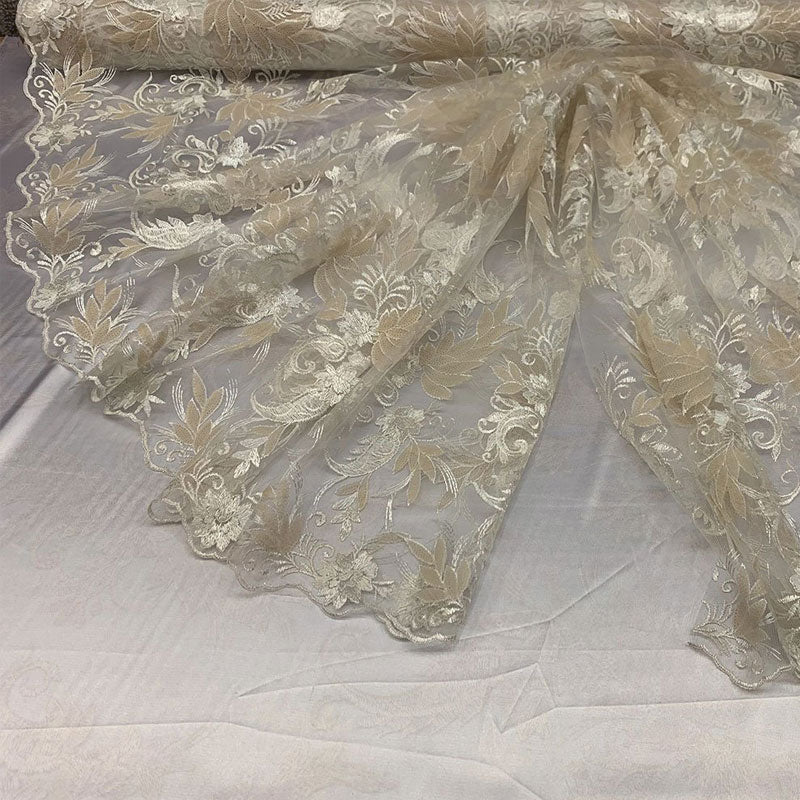 Handmade Floral Mesh Lace Embroidered Fabric By The YardICEFABRICICE FABRICSCream/IvoryHandmade Floral Mesh Lace Embroidered Fabric By The Yard ICEFABRIC Cream/Ivory