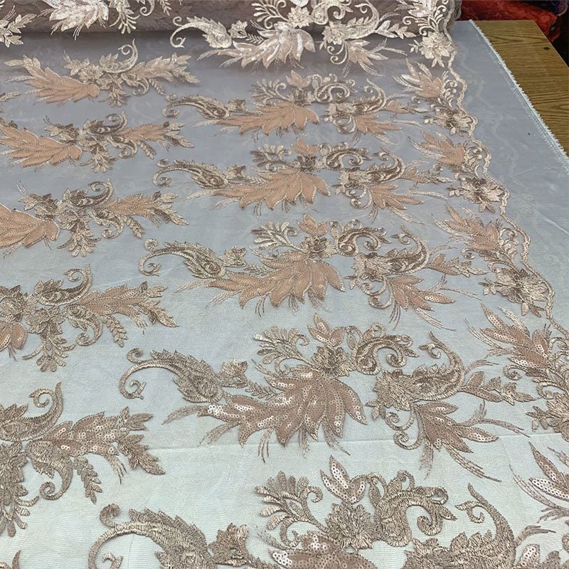 Handmade Floral Mesh Lace Embroidered Fabric By The YardICEFABRICICE FABRICSPeach/ChampagneHandmade Floral Mesh Lace Embroidered Fabric By The Yard ICEFABRIC Peach/Champagne