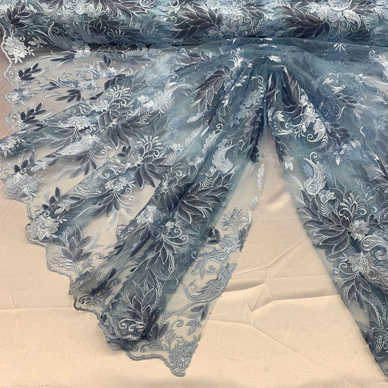 Handmade Floral Mesh Lace Embroidered Fabric By The YardICEFABRICICE FABRICSBlueHandmade Floral Mesh Lace Embroidered Fabric By The Yard ICEFABRIC Blue