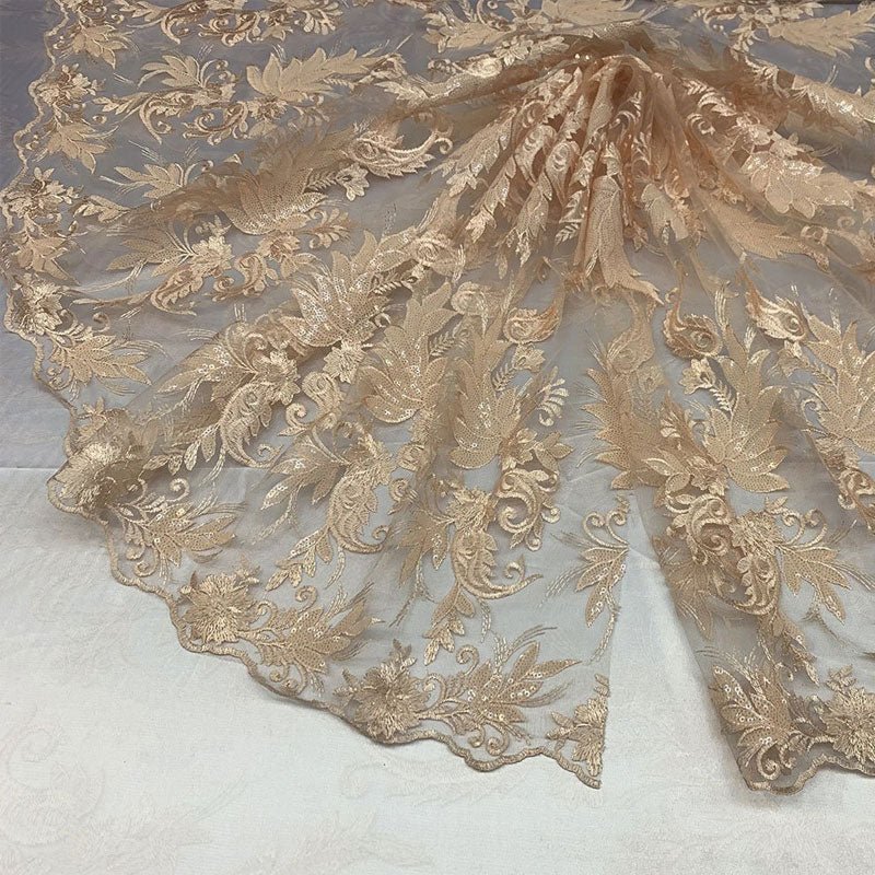 Handmade Floral Mesh Lace Embroidered Fabric By The YardICEFABRICICE FABRICSPeachHandmade Floral Mesh Lace Embroidered Fabric By The Yard ICEFABRIC Peach
