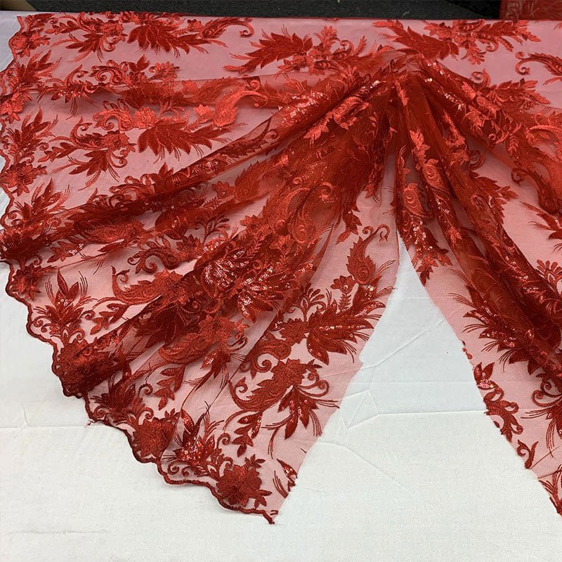 Handmade Floral Mesh Lace Embroidered Fabric By The YardICEFABRICICE FABRICSRedHandmade Floral Mesh Lace Embroidered Fabric By The Yard ICEFABRIC Red