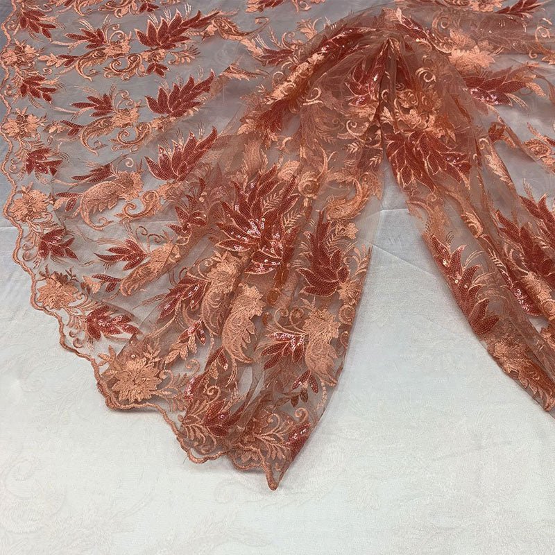 Handmade Floral Mesh Lace Embroidered Fabric By The YardICEFABRICICE FABRICSCoralHandmade Floral Mesh Lace Embroidered Fabric By The Yard ICEFABRIC Coral