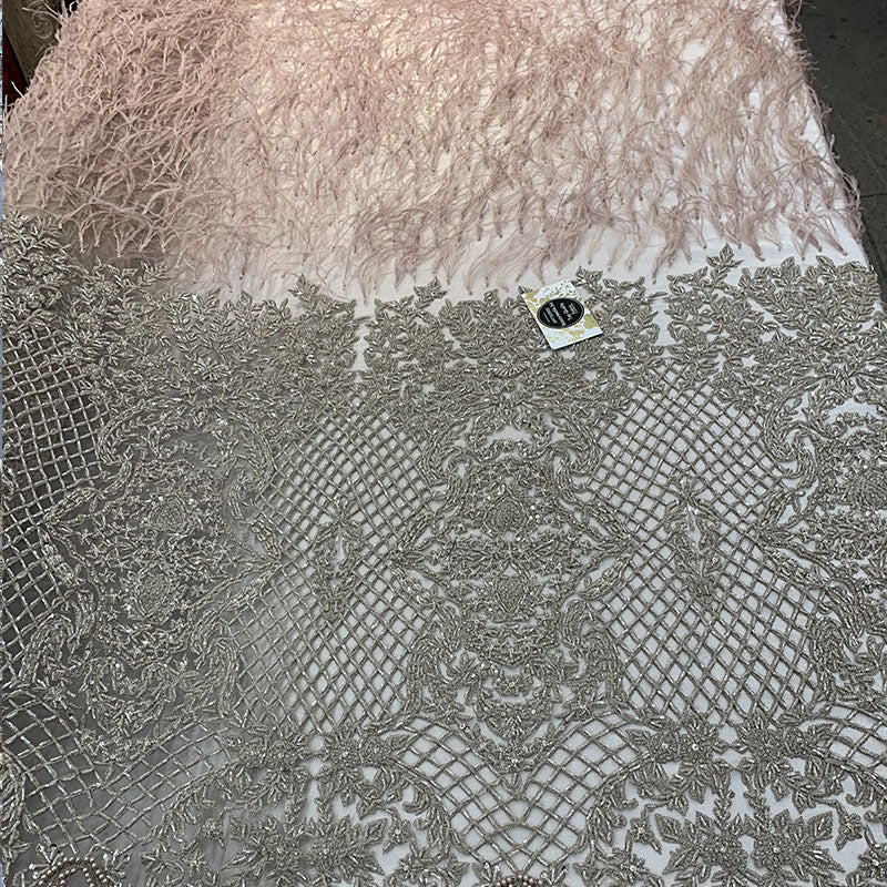 High-Quality Handmade Feathers Mesh Lace FabricICEFABRICICE FABRICSLight GoldHigh-Quality Handmade Feathers Mesh Lace Fabric ICEFABRIC Dusty Rose