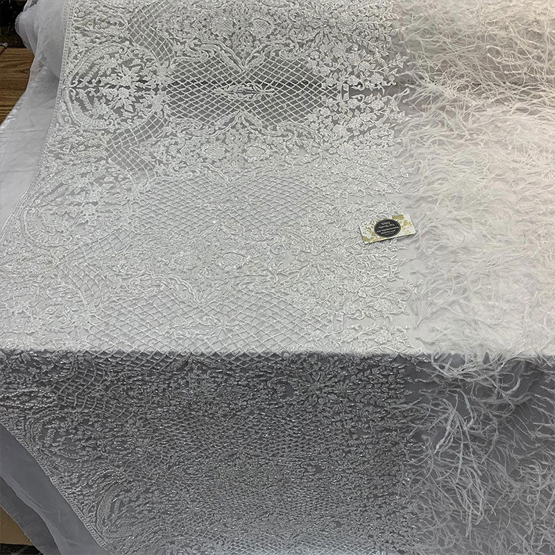 High-Quality Handmade Feathers Mesh Lace FabricICEFABRICICE FABRICSLight GoldHigh-Quality Handmade Feathers Mesh Lace Fabric ICEFABRIC White