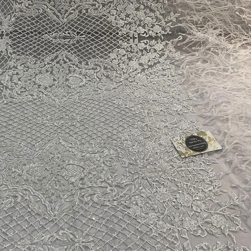 High-Quality Handmade Feathers Mesh Lace FabricICEFABRICICE FABRICSLight GoldHigh-Quality Handmade Feathers Mesh Lace Fabric ICEFABRIC White