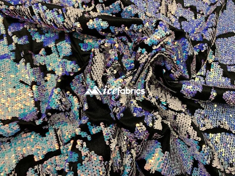 Iridescent 2 Way Stretch Embroider Sequins Fabric On Velvet By The YardVelvet FabricICEFABRICICE FABRICSLavender Blue Iridescent on black velvetIridescent 2 Way Stretch Embroider Sequins Fabric On Velvet By The Yard ICEFABRIC Lavender Blue Iridescent on black velvet