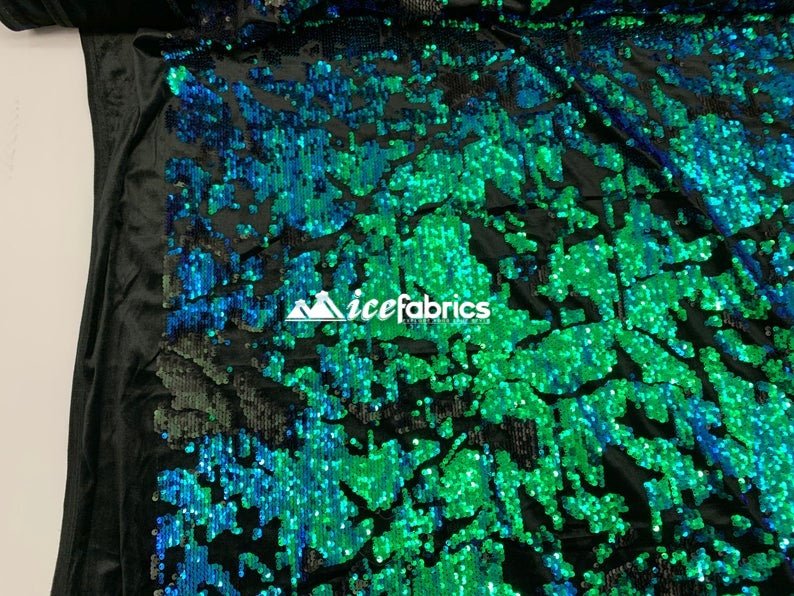 Green Iridescent 2 Way Stretch Embroider Sequins Fabric On Velvet