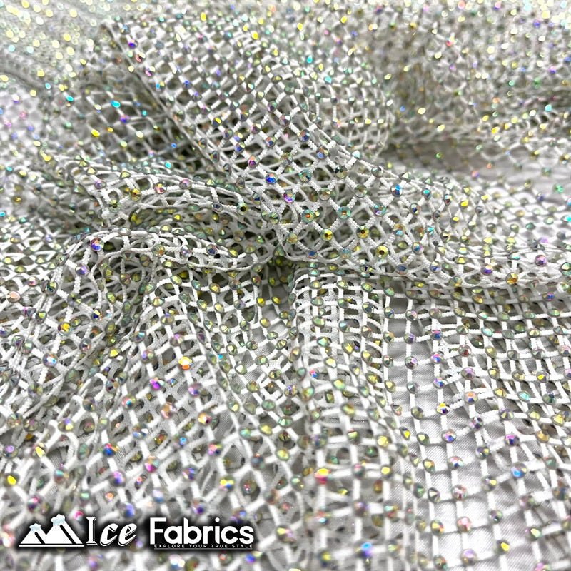 Iridescent Crystal Beaded 4 Way Stretch Fabric FishnetICE FABRICSICE FABRICSWhiteIridescent Crystal Beaded 4 Way Stretch Fabric Fishnet ICE FABRICS White