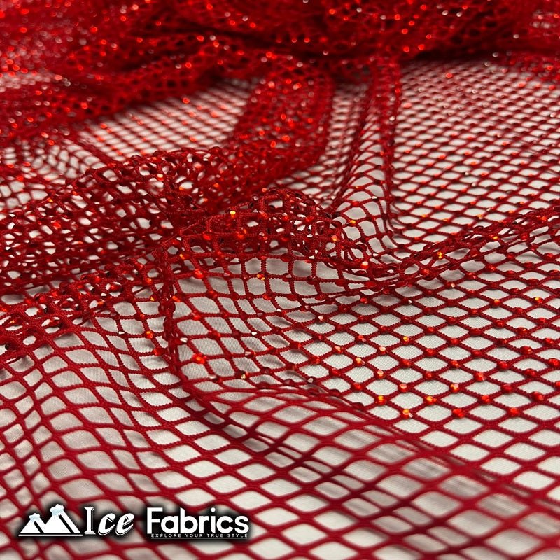 Iridescent Crystal Beaded 4 Way Stretch Fabric FishnetICE FABRICSICE FABRICSRedIridescent Crystal Beaded 4 Way Stretch Fabric Fishnet ICE FABRICS Red