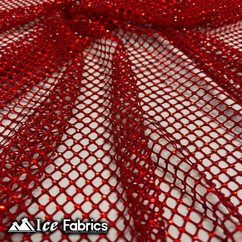 Iridescent Crystal Beaded 4 Way Stretch Fabric FishnetICE FABRICSICE FABRICSRedIridescent Crystal Beaded 4 Way Stretch Fabric Fishnet ICE FABRICS Red