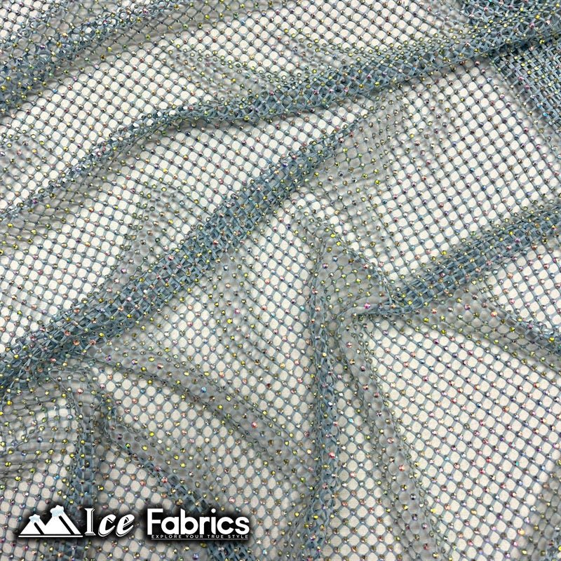 Iridescent Crystal Beaded 4 Way Stretch Fabric FishnetICE FABRICSICE FABRICSBaby Blue IridescentIridescent Crystal Beaded 4 Way Stretch Fabric Fishnet ICE FABRICS Baby Blue Iridescent