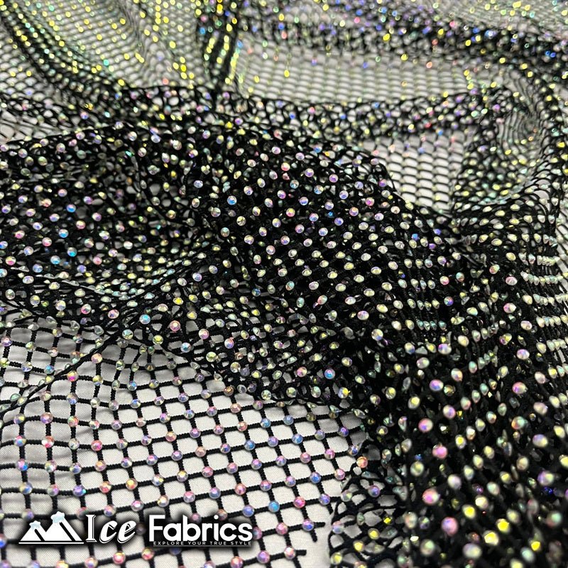 Iridescent Crystal Beaded 4 Way Stretch Fabric FishnetICE FABRICSICE FABRICSRainbow Black IridescentIridescent Crystal Beaded 4 Way Stretch Fabric Fishnet ICE FABRICS Rainbow Black Iridescent