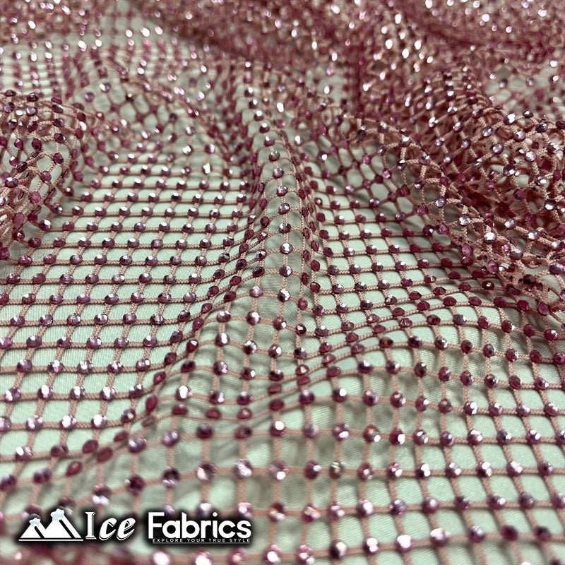 Iridescent Crystal Beaded 4 Way Stretch Fabric FishnetICE FABRICSICE FABRICSDusty RoseIridescent Crystal Beaded 4 Way Stretch Fabric Fishnet ICE FABRICS Dusty Rose