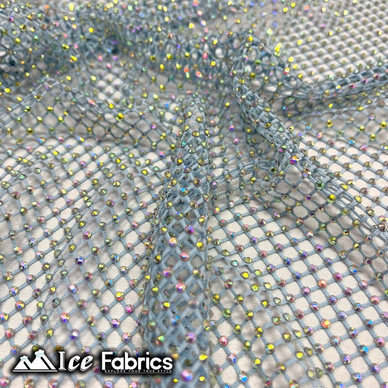 Iridescent Crystal Beaded 4 Way Stretch Fabric FishnetICE FABRICSICE FABRICSBaby Blue IridescentIridescent Crystal Beaded 4 Way Stretch Fabric Fishnet ICE FABRICS Baby Blue Iridescent